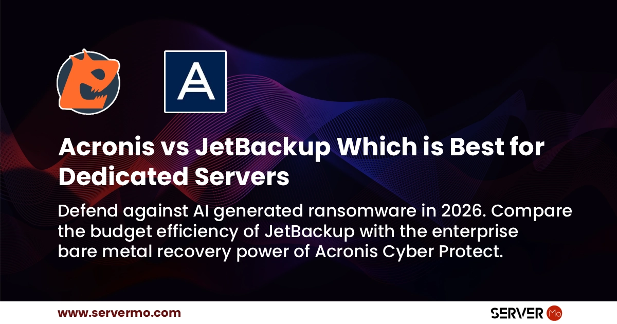 Acronis vs JetBackup Bare Metal Disaster Recovery Comparison graphic of Acronis and JetBackup for dedicated servers. Includes logos, a title, and a call to compare their features. Background has a dark, abstract wave pattern with contrasting text. Website URL at the bottom.