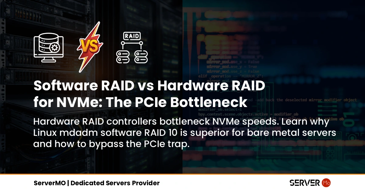NVMe Software RAID vs Hardware RAID Architecture Data center engineer bypassing hardware RAID controllers to configure Linux mdadm software RAID for maximum NVMe SSD performance on a ServerMO bare metal server.