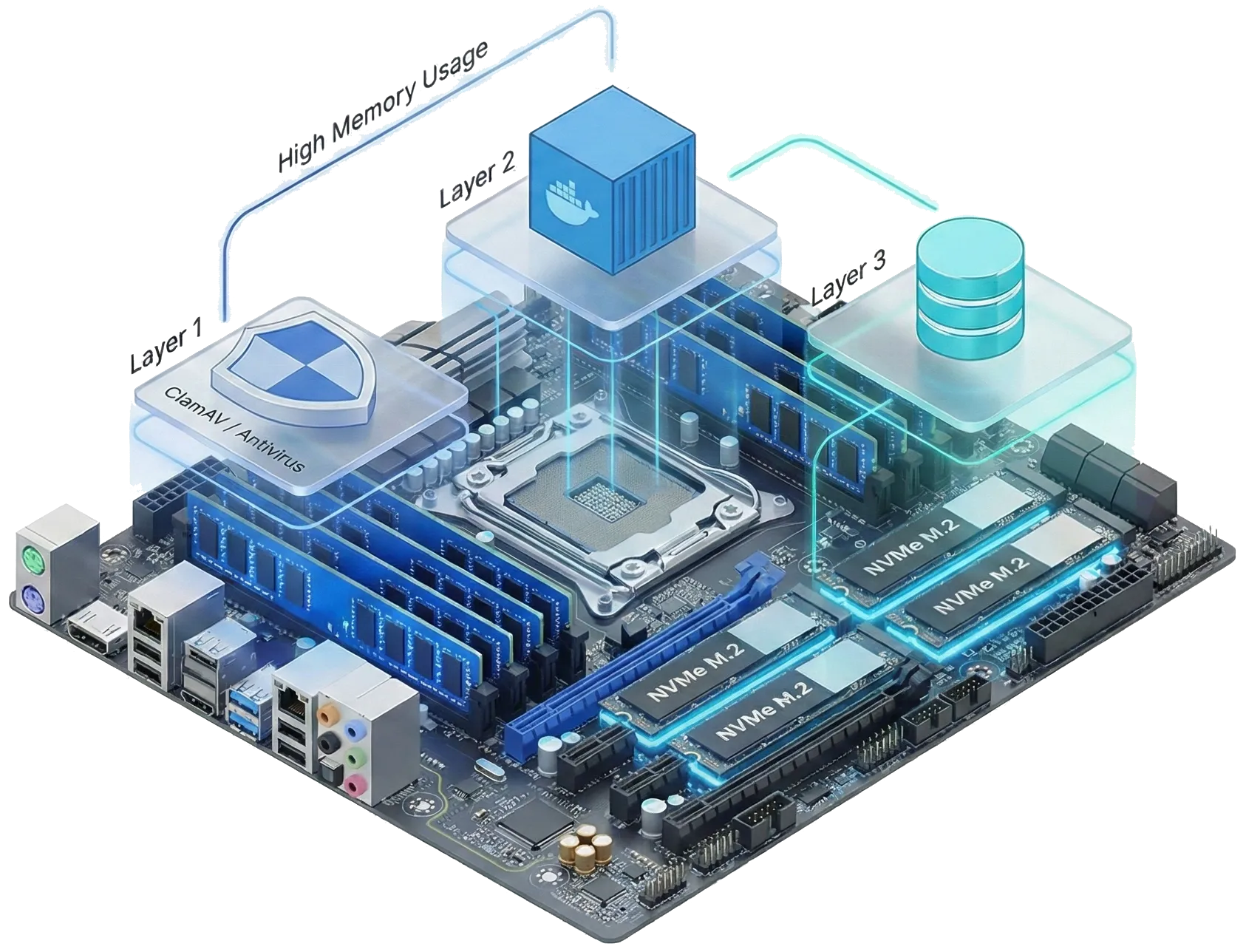 3D illustration of email server software stack layers connecting to dedicated hardware resources, showing ClamAV using RAM, Docker using CPU, and Database using NVMe SSDs