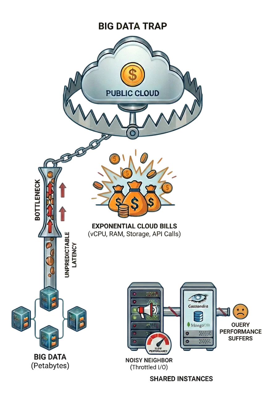 Diagram illustrating cloud computing system challenges, highlighting cost, latency, and performance issues in big data management.