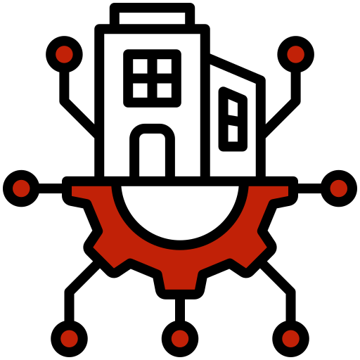 A gear under the building represents technical infrastructure