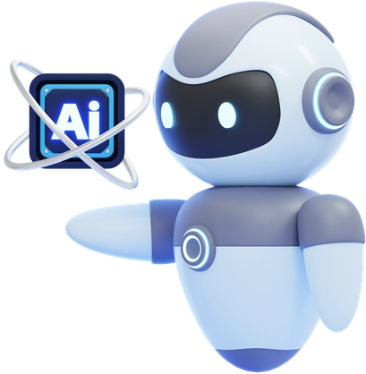 A cartoon robot character with a friendly appearance, pointing towards a stylized 'AI' logo.