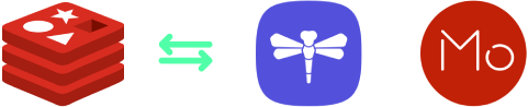 Three logos against a black background: Redis on the left, DragonflyDB in the center with green arrows, and ServerMO on the right, suggesting data exchange.