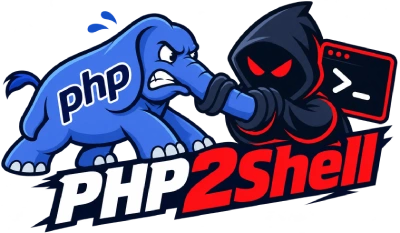 PHP2Shell logo featuring blue PHP elephant punching a hooded hacker next to a terminal prompt