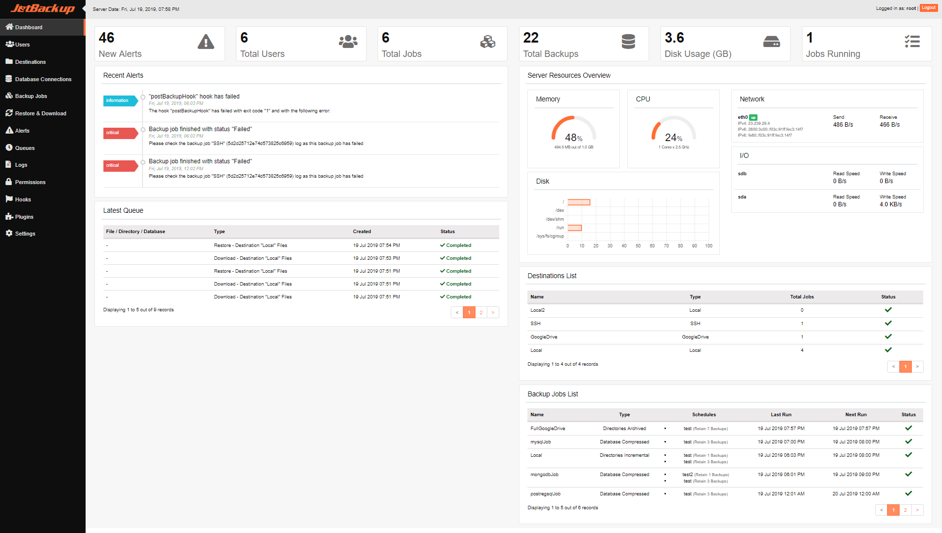 JetBackup 5 Dashboard inside cPanel Control Panel
