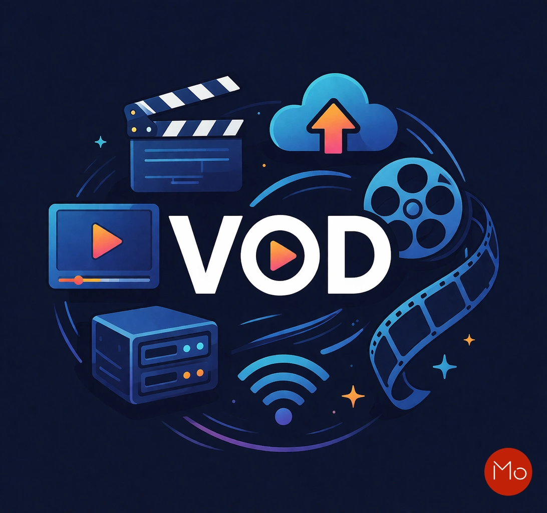 VOD graphic on a dark blue background featuring symbols of video streaming, like a film reel, a play button, a cloud, Wi-Fi, and a film strip. Bold white letters spelling 'VOD' are central, conveying a digital and modern theme.